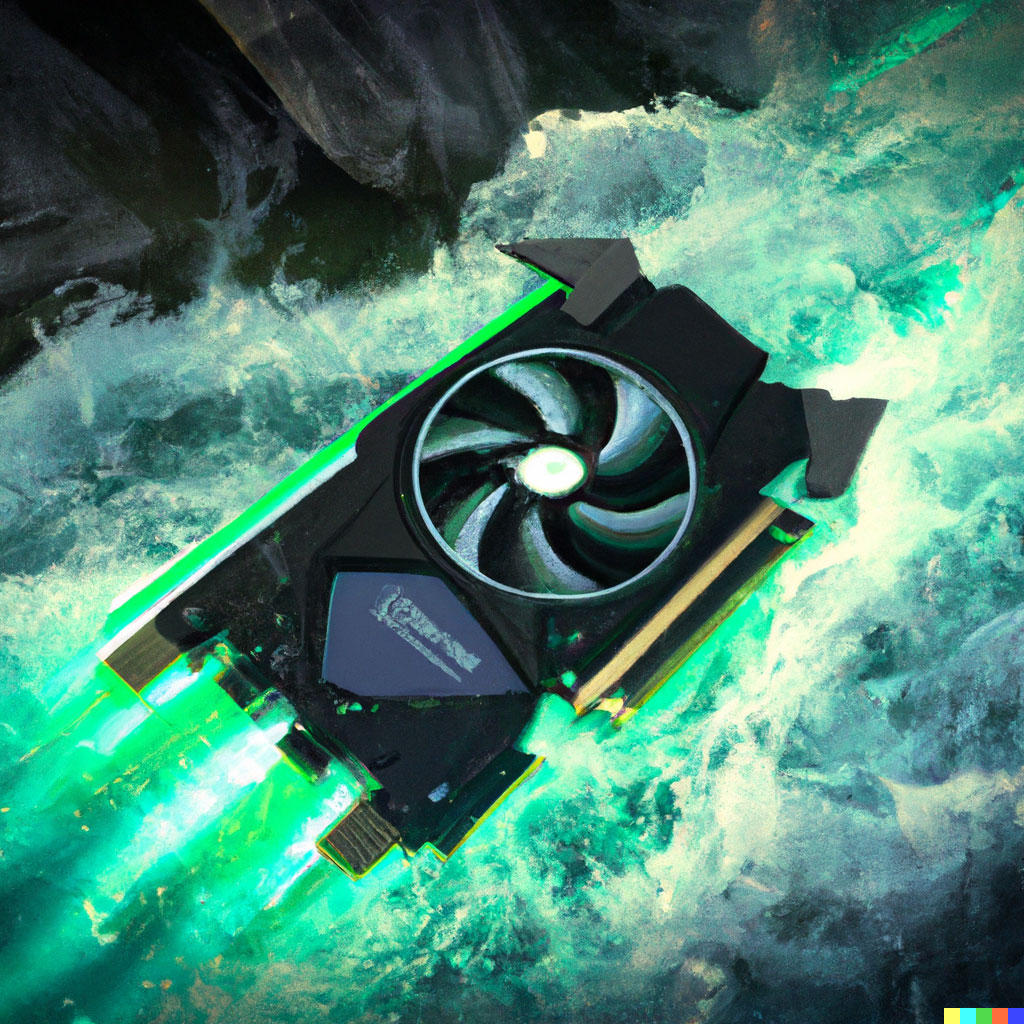 DALL·E prompt: GPU graphics card floating in a river with rapids, digital art cyperpunk